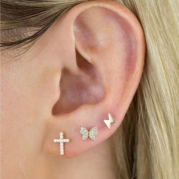 14K Gold Plated CZ Inlay Christian Cross Small Stud Earrings Baby Girl Women New - Picture 2 of 14